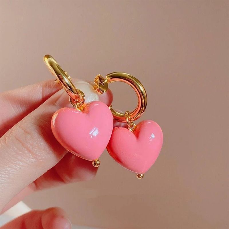 Pink Floral Heart Earrings: Geometric Pearl Dangle Jewelry