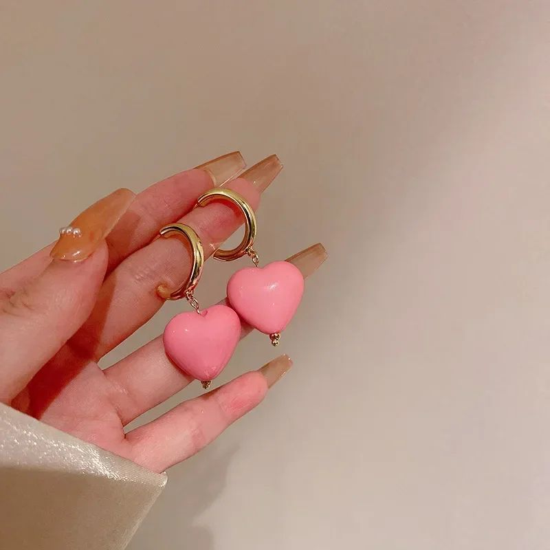 Pink Floral Heart Earrings: Geometric Pearl Dangle Jewelry