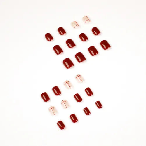 Wine Red Grid Press-On Nails - French Squoval False Nail Tips - Shop N Save