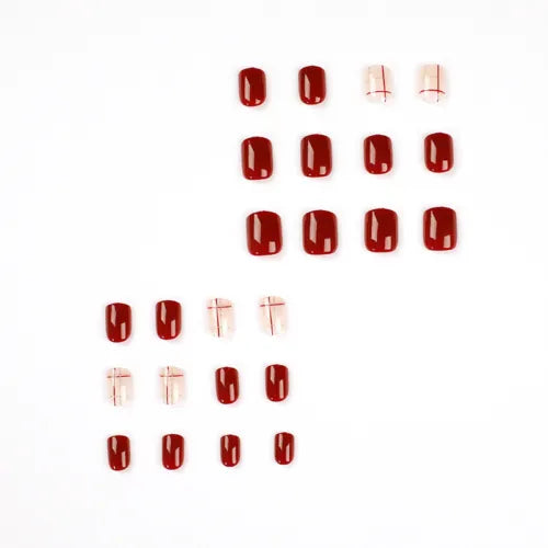 Wine Red Grid Press-On Nails - French Squoval False Nail Tips - Shop N Save