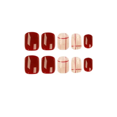 Wine Red Grid Press-On Nails - French Squoval False Nail Tips - Shop N Save