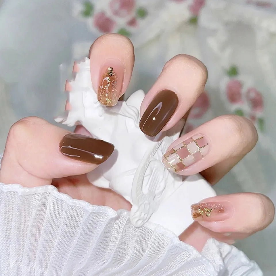 Checkerboard Brown Square Short Press-On Nails - Nail Art Set 24pcs - Shop N Save