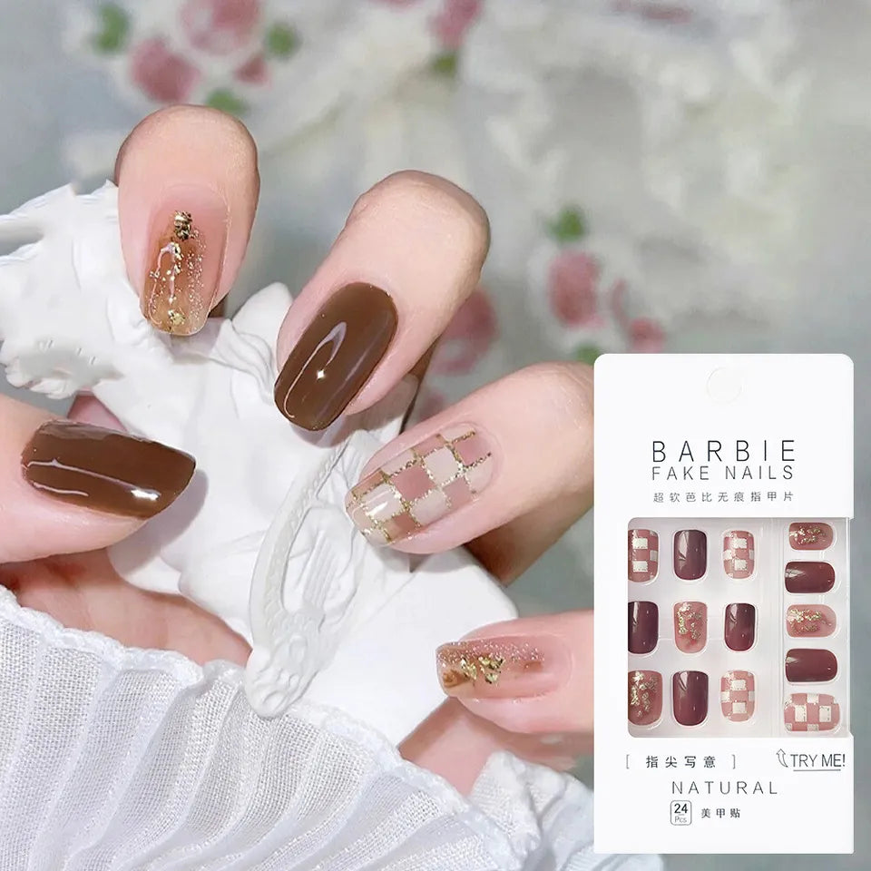 Checkerboard Brown Square Short Press-On Nails - Nail Art Set 24pcs - Shop N Save