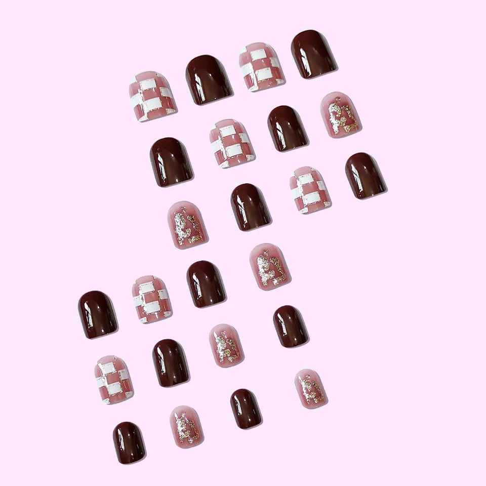Checkerboard Brown Square Short Press-On Nails - Nail Art Set 24pcs - Shop N Save
