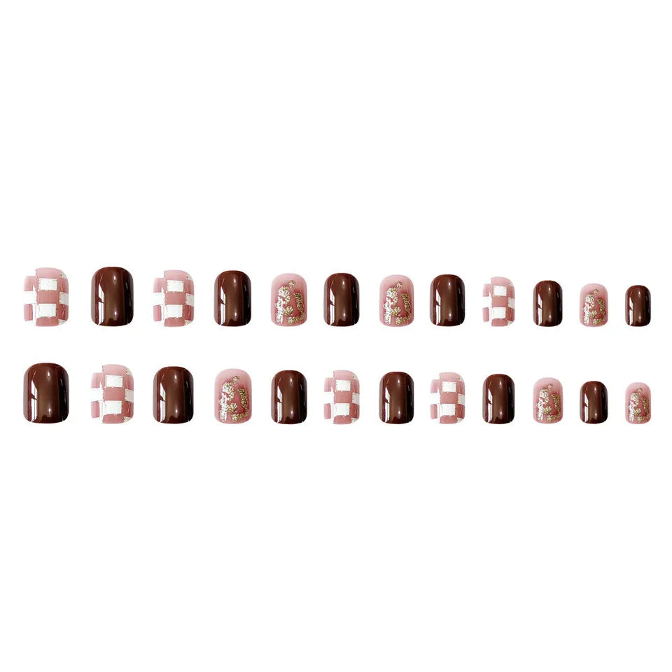 Checkerboard Brown Square Short Press-On Nails - Nail Art Set 24pcs - Shop N Save