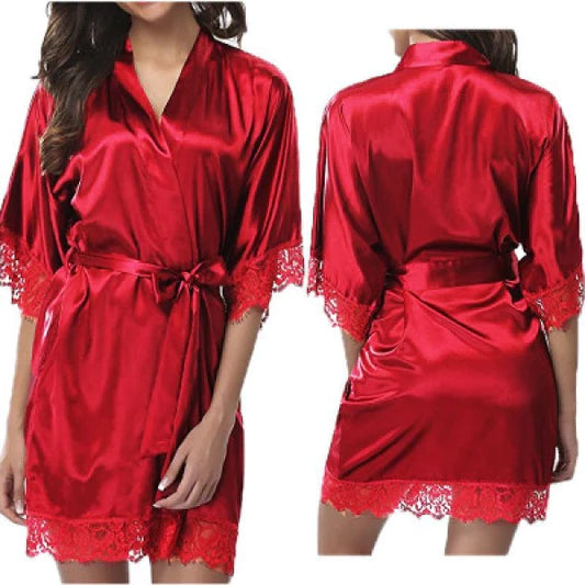 Woman Sleepwear Satin Robe Lace Dress - Dark Red