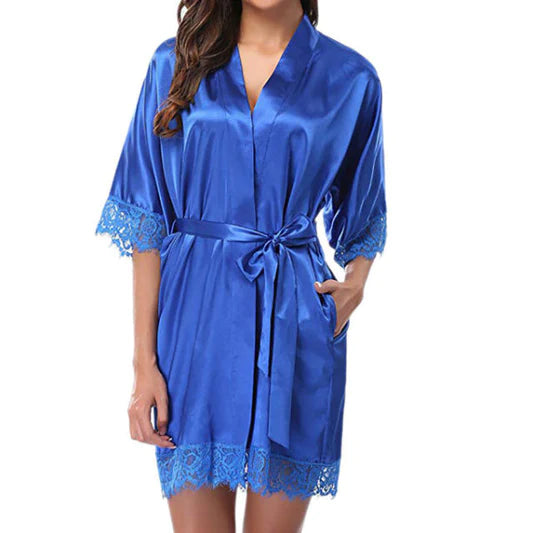 Woman Sleepwear Satin Robe Lace Dress - Dark Blue - Shop N Save