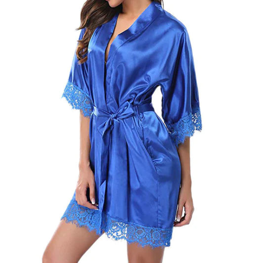 Woman Sleepwear Satin Robe Lace Dress - Dark Blue - Shop N Save