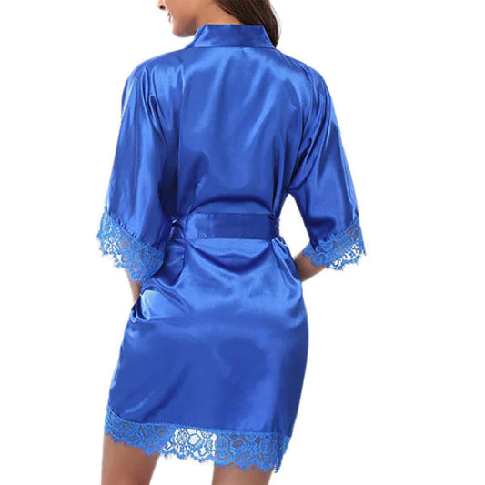 Woman Sleepwear Satin Robe Lace Dress - Dark Blue - Shop N Save