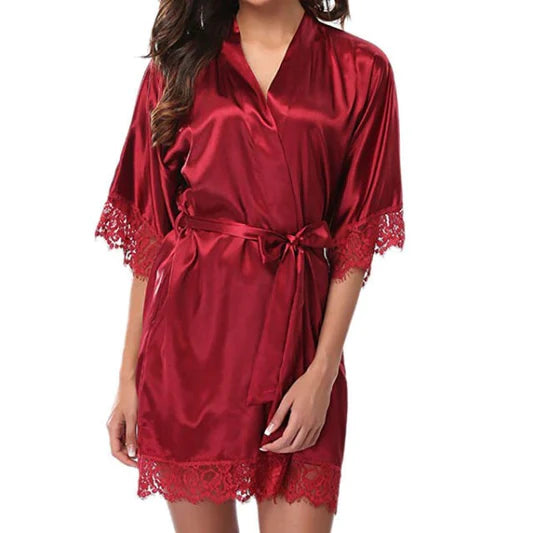 Woman Sleepwear Satin Robe Lace Dress - Dark Red