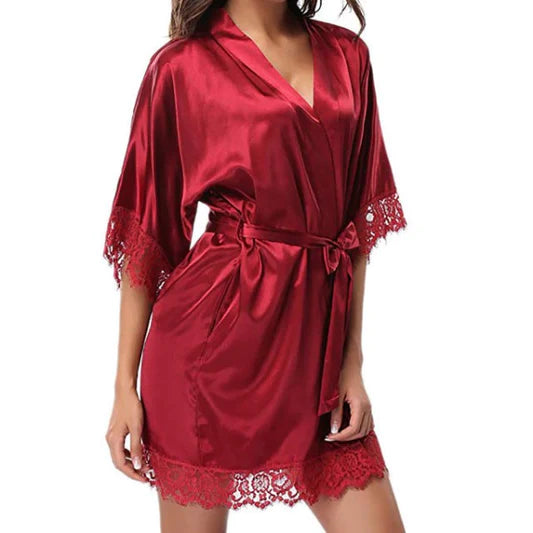 Woman Sleepwear Satin Robe Lace Dress - Dark Red