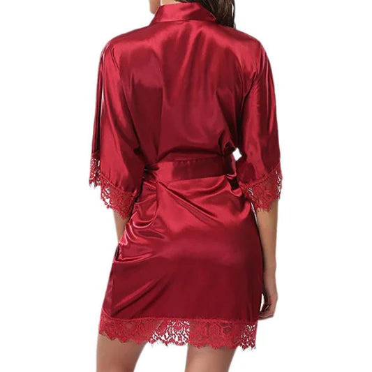 Woman Sleepwear Satin Robe Lace Dress - Dark Red