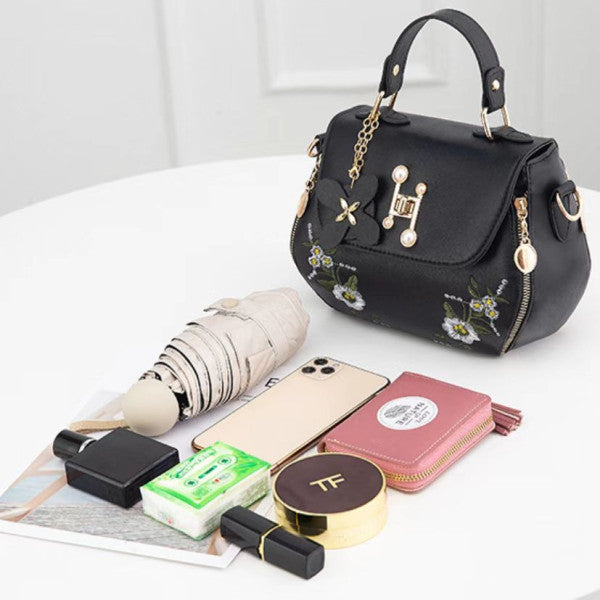 Floral Embroidered Fashion Synthetic Messenger Bag - Black - Shop N Save