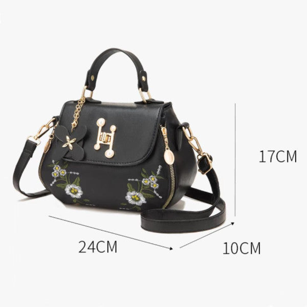 Floral Embroidered Fashion Synthetic Messenger Bag - Black - Shop N Save