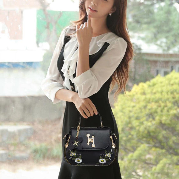 Floral Embroidered Fashion Synthetic Messenger Bag - Black - Shop N Save