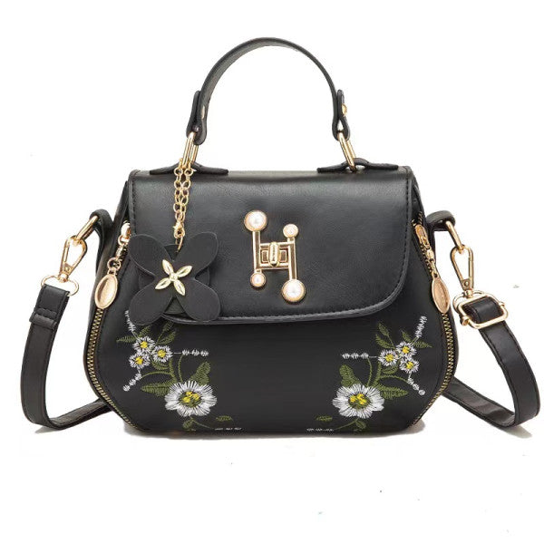 Floral Embroidered Fashion Synthetic Messenger Bag - Black - Shop N Save