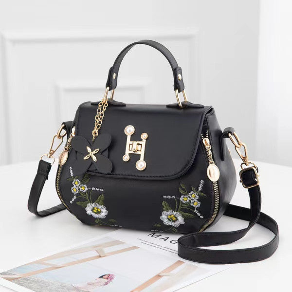 Floral Embroidered Fashion Synthetic Messenger Bag - Black - Shop N Save