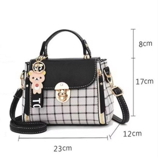 Cute Simple Plaid Print Messenger Bag - Black