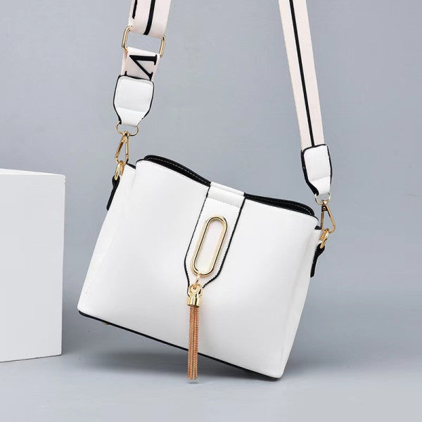 Wide Strap Fashion Letter One Shoulder Bucket Bag - White