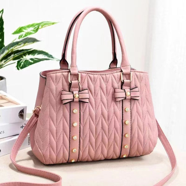 Geometric Embossed Large Fashion Bow Handbag - Light Pink - Shop N Save
