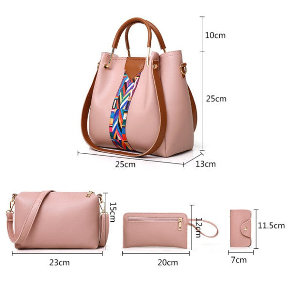 Fashionable Pink Stripe Handbags Set for Women 4 Pieces of Synthetic Shopping Bags with Zipper Closure and Double Handles