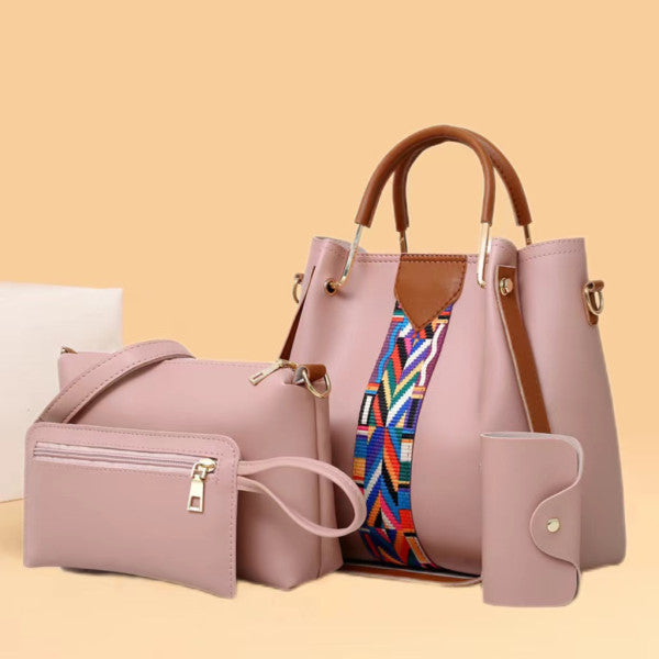 Fashionable Pink Stripe Handbags Set for Women 4 Pieces of Synthetic Shopping Bags with Zipper Closure and Double Handles