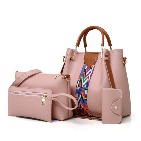 Fashionable Pink Stripe Handbags Set for Women 4 Pieces of Synthetic Shopping Bags with Zipper Closure and Double Handles