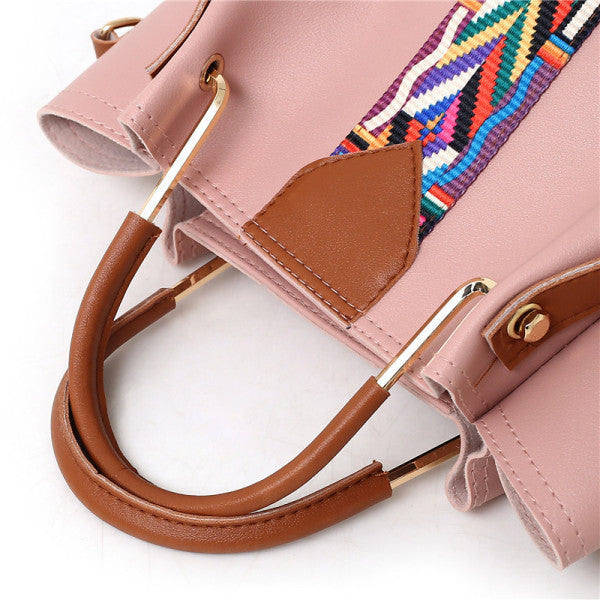 Fashionable Pink Stripe Handbags Set for Women 4 Pieces of Synthetic Shopping Bags with Zipper Closure and Double Handles