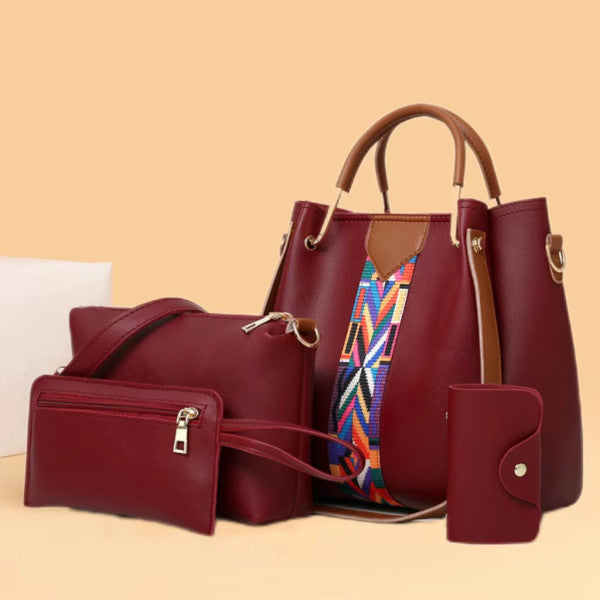 Stylish Wine Red Synthetic Leather Women\'s Shopping Handbag Set (4 Pieces) - Shop N Save