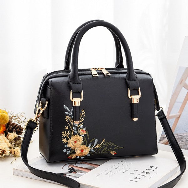 Women Elegant Floral Embroidered Fashion Handbag - Black