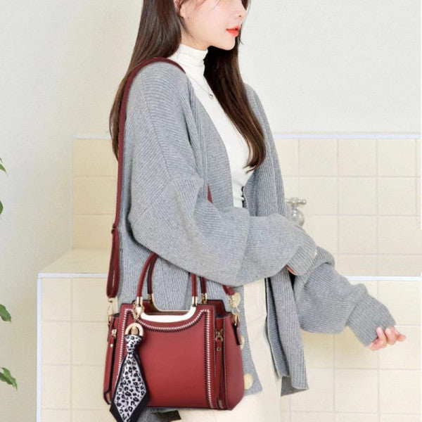 Women Large Capacity Ribbon Embroidery Thread Handbag - Wine Red
