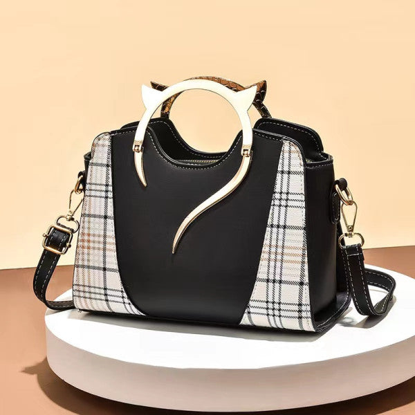 Women Stylish Metal Handle Stripped Handbag - Black - Shop N Save