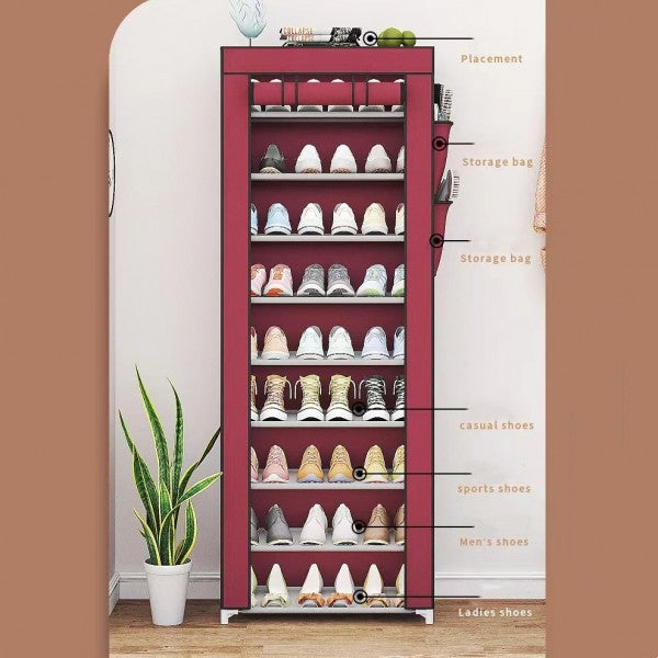 9 Layer Simple Dustproof Storage Shoe Cabinet Rack - Wine Red - Shop N Save
