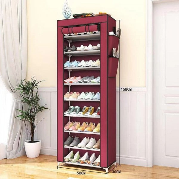 9 Layer Simple Dustproof Storage Shoe Cabinet Rack - Wine Red - Shop N Save