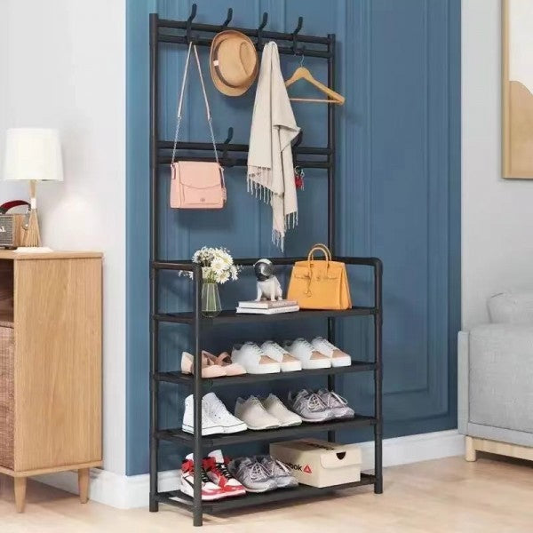Multifunctional 5 Tiers Shoe Rack And Hat Coat Hanger - Black