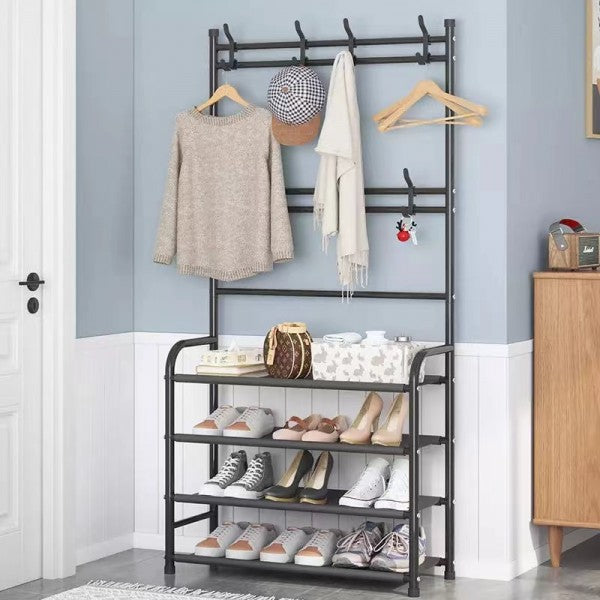 Multifunctional 5 Tiers Shoe Rack And Hat Coat Hanger - Black