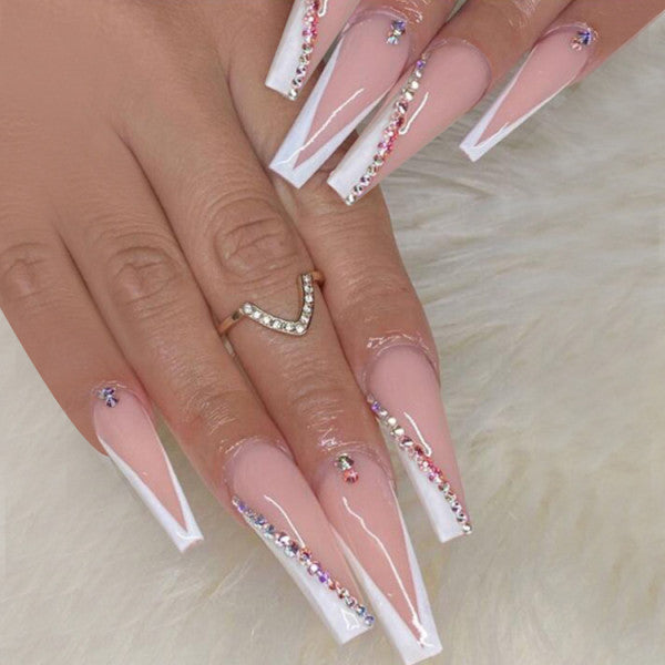 Stylish Crystals Patched Pointed Fake Nails Set - Multi Color