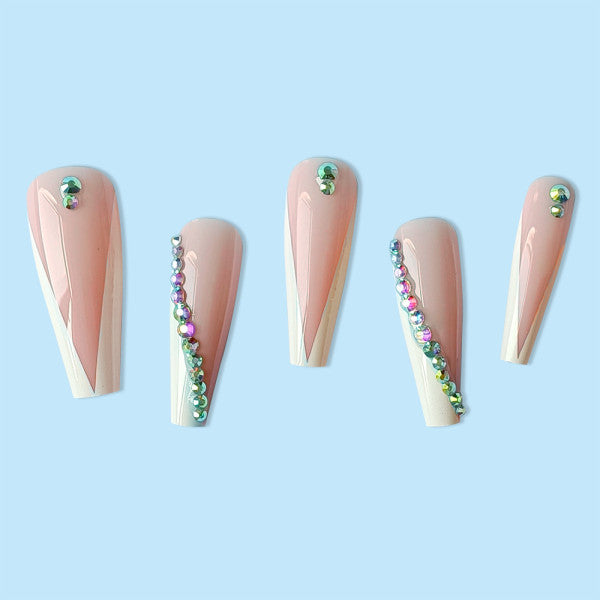 Stylish Crystals Patched Pointed Fake Nails Set - Multi Color