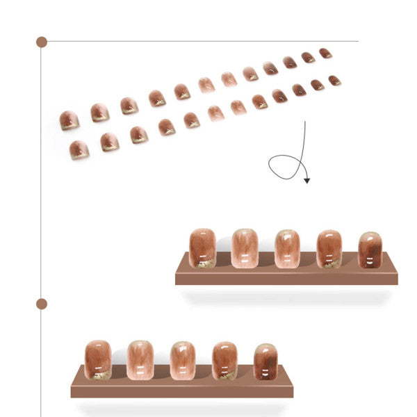 Checks Print Contrast 12 PCs Party Wear Fake Nails Set - BROWN WHITE