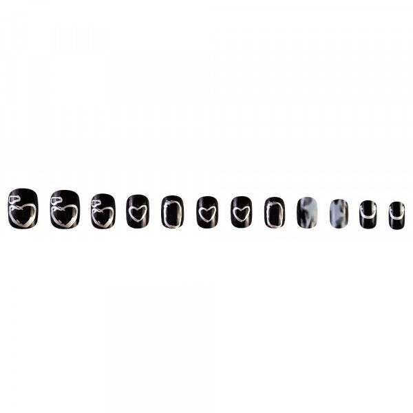12 PCs Heart Prints Party Wear Short Fake Nails Set - Black