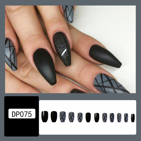 Pointed Printed Two Tone Contrast 12 PCs Fake Nails Set - MULTI COLOR - Shop N Save