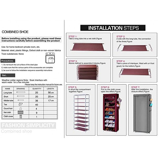 9 Layer Simple Dustproof Storage Shoe Cabinet Rack - Wine Red - Shop N Save