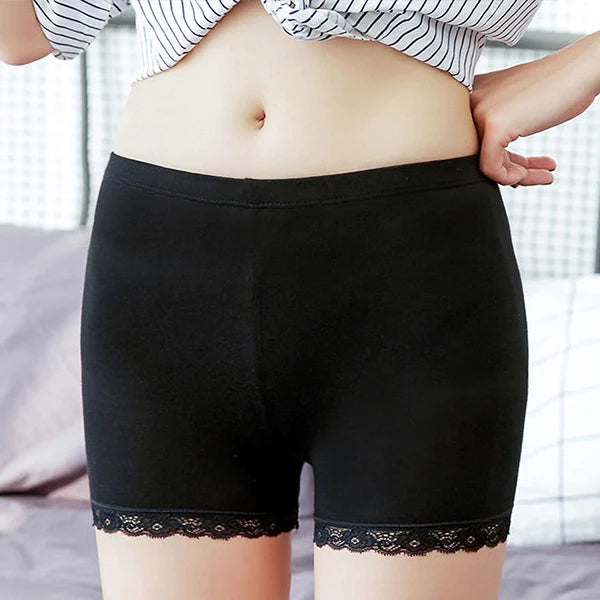 Lace Patched Solid Color Women Boxer Underwear - Black