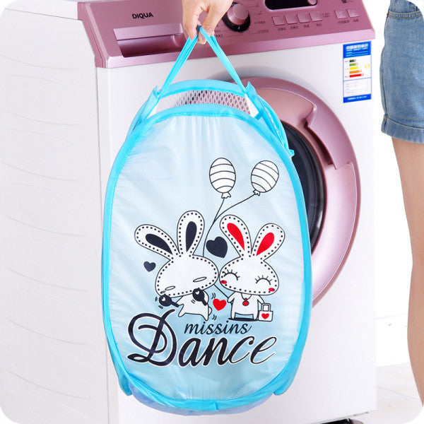 Mesh Cute Rabbit Printed Colorful Laundry Basket - Blue
