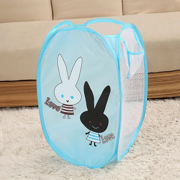 Mesh Cute Rabbit Printed Colorful Laundry Basket - Blue