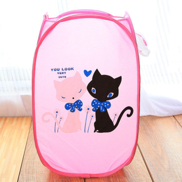 Mesh Cute Cats Print Colorful Laundry Basket - Pink