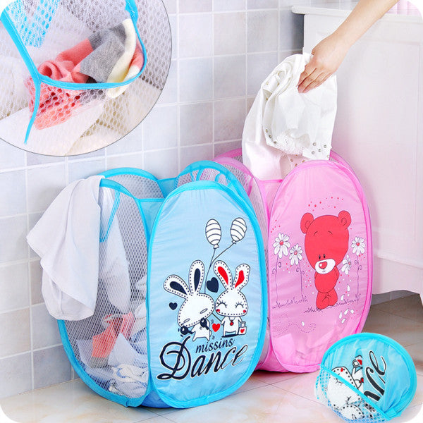 Mesh Cute Cats Print Colorful Laundry Basket - Pink