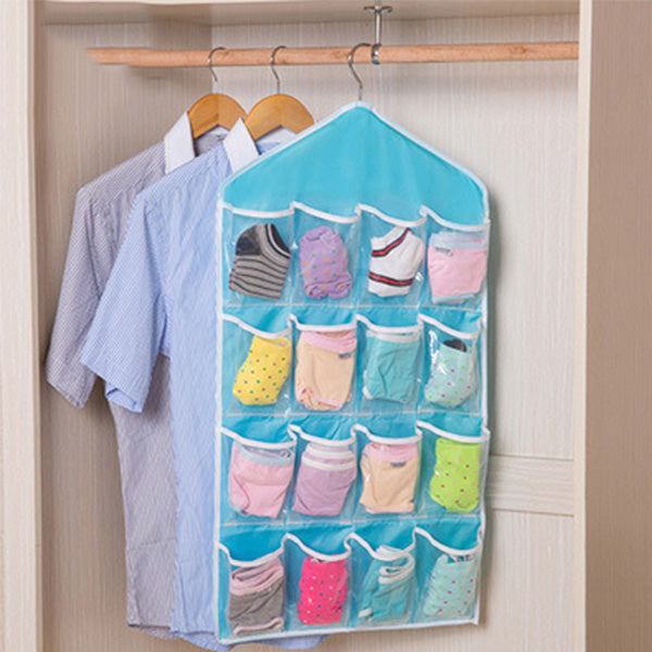 Multi Pockets Wardrobe Hanging Storage Fabric Rack - Blue