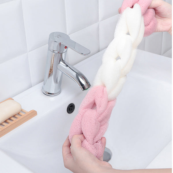 Long Size Bath Strip Rub Back Bath Flower Ball Bathroom Bathing Scrubber Cleaning Body Washing Cleaner Cleansing Hanging Wash Exfoliator - Pink White