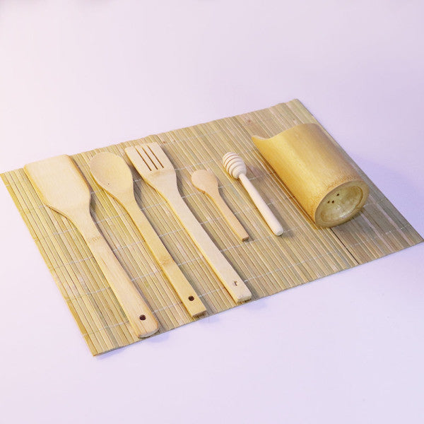6 In 1 Wooden High Quality Bamboo Vintage Style Smooth Finished Polished Utensils Kitchen Essential Spatula Set Dinner Table Bamboo Cutlery Spoons Set With Sushi Mat
